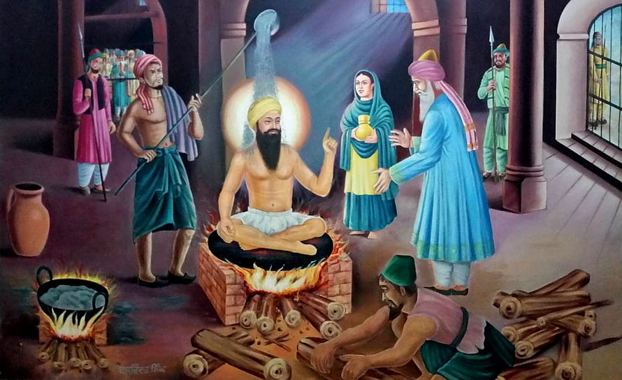 Guru Arjan Dev Ji Martyrdom Painting at Gurudwara Sahib Dashmesh HD wallpaper