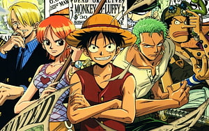 One Piece Straw Hat Pirates Group Portrait with Wanted Posters HD wallpaper