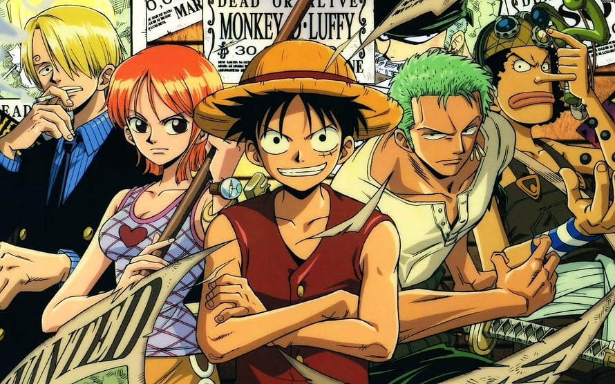 One Piece Straw Hat Pirates Group Portrait with Wanted Posters HD wallpaper