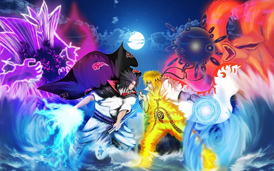 Naruto and Sasuke Epic Battle Scene with Chakra and Tailed Beasts HD wallpaper
