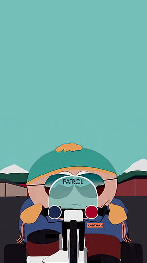 Eric Cartman in a Racing Car with a Green Beanie and Blue Jacket HD phone wallpaper