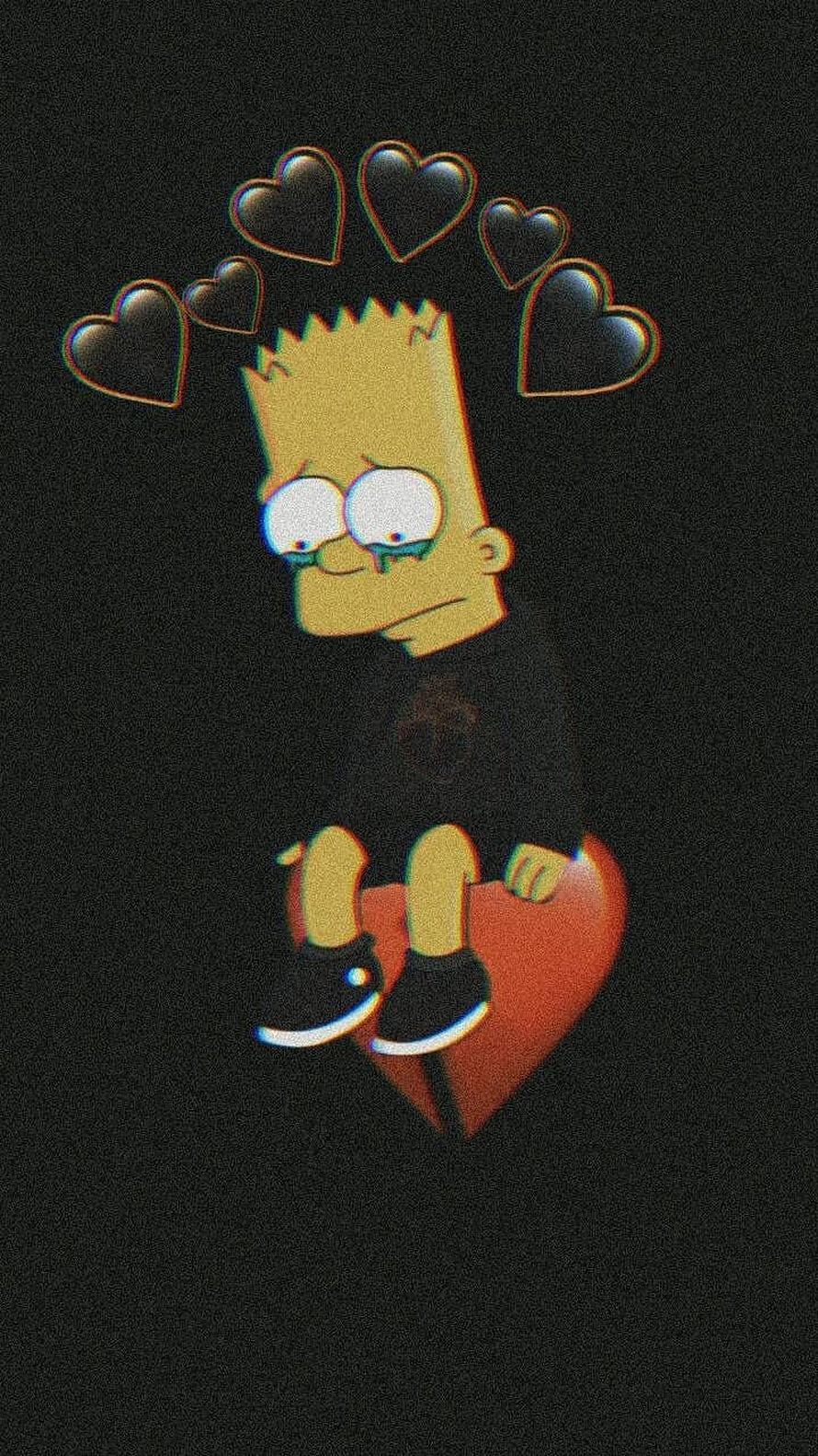 Sad Bart Simpson Sitting on Broken Heart with Floating Hearts on Black Background HD phone wallpaper
