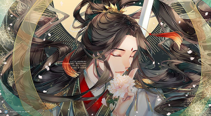 Xie Lian and Luo Binghe in Elegant Chinese Fantasy Art with Flowing Hair and Peony HD wallpaper