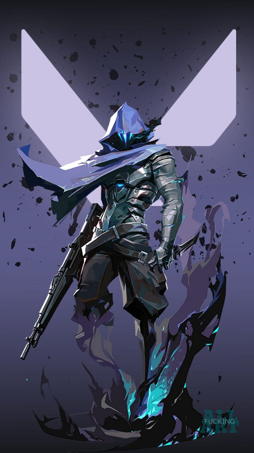 Omen Valorant Fan Art: Hooded Agent with Rifle and Glowing Blue Energy HD phone wallpaper