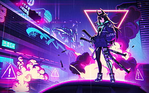 Cyberpunk Anime Girl with Swords in Neon Rainy Cityscape HD wallpaper