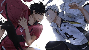 Haikyuu Kuroo and Bokuto Face Off in Intense Volleyball Rivalry HD wallpaper