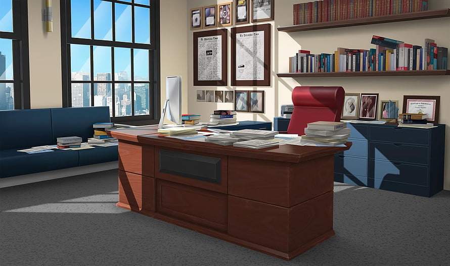 Philadelphia Times Newsroom Interior with Wooden Desk and City View HD wallpaper