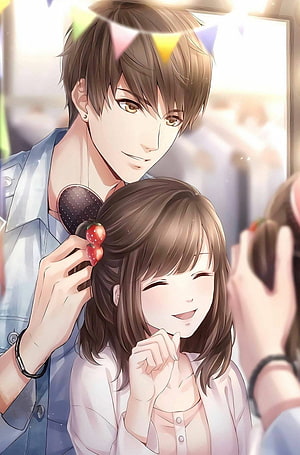 Tender Anime Couple Sharing a Sweet Moment with Strawberry Hair Accessory HD phone wallpaper
