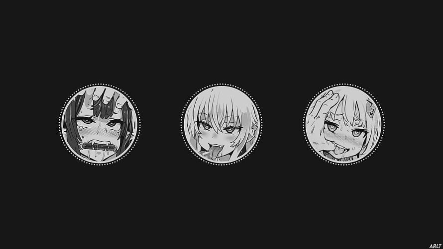 Three Circular Anime Girl Portraits in Black and White HD wallpaper