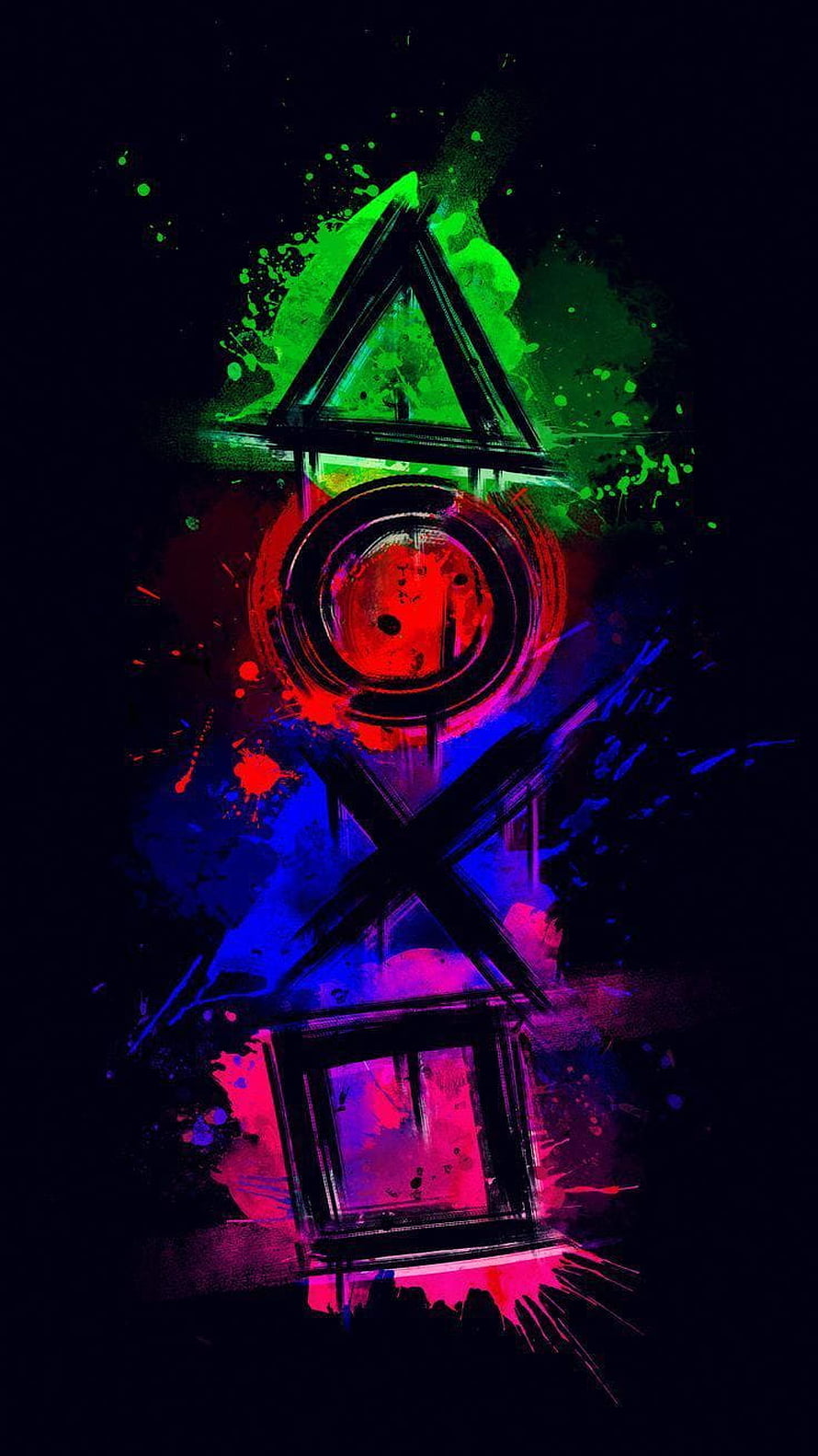 Neon Geometric Shapes with Paint Splatter on Black Background HD phone wallpaper