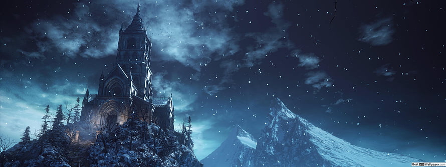 Dark Souls 3 Gothic Cathedral on Snowy Mountain Peak Under Starry Night Sky HD wallpaper