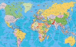 Detailed Political World Map with Colorful Country Borders and Ocean Labels HD wallpaper