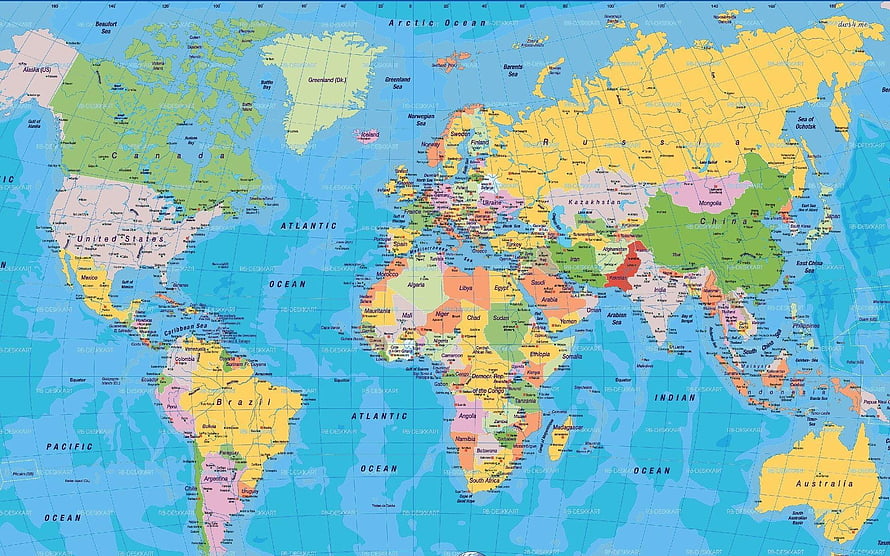 Detailed Political World Map with Colorful Country Borders and Ocean Labels HD wallpaper