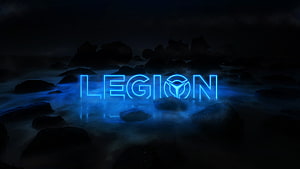 Lenovo Legion Glowing Blue Logo Over Dark Misty Rocky Landscape HD wallpaper