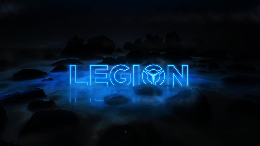 Lenovo Legion Glowing Blue Logo Over Dark Misty Rocky Landscape HD wallpaper