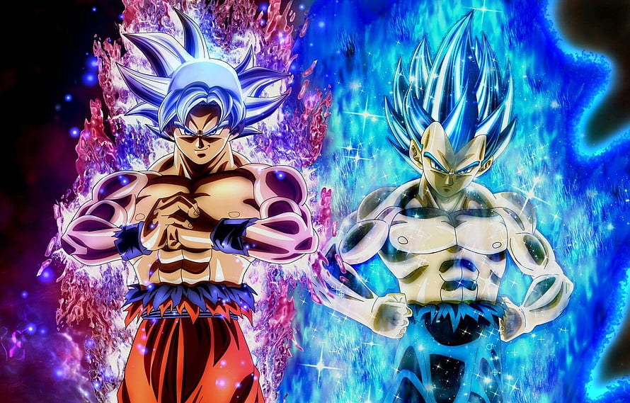 Goku and Vegeta in Blue Ultra Instinct Forms with Cosmic Energy Auras HD wallpaper