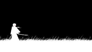 Minimalist Black and White Anime Samurai Standing in Grass Field HD wallpaper