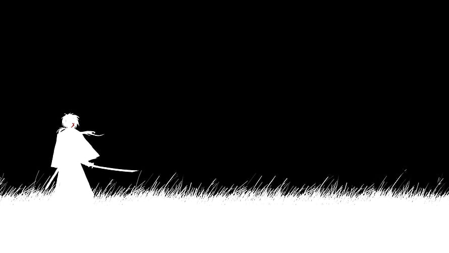 Minimalist Black and White Anime Samurai Standing in Grass Field HD wallpaper