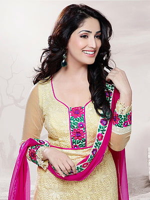 Elegant Woman in Embroidered Yellow and Pink Punjabi Suit with Floral Dupatta HD phone wallpaper