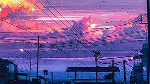 Vibrant Lofi Sunset Over Urban Street With Power Lines And Silhouetted Buildings HD wallpaper