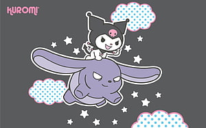 Kuromi Riding a Purple Rabbit Through a Starry Night Sky with Polka Dot Clouds HD wallpaper