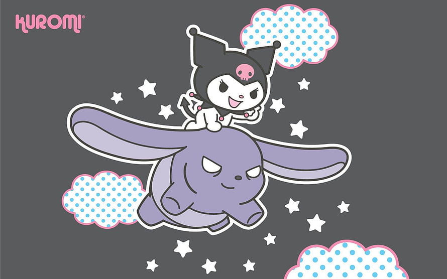 Kuromi Riding a Purple Rabbit Through a Starry Night Sky with Polka Dot Clouds HD wallpaper