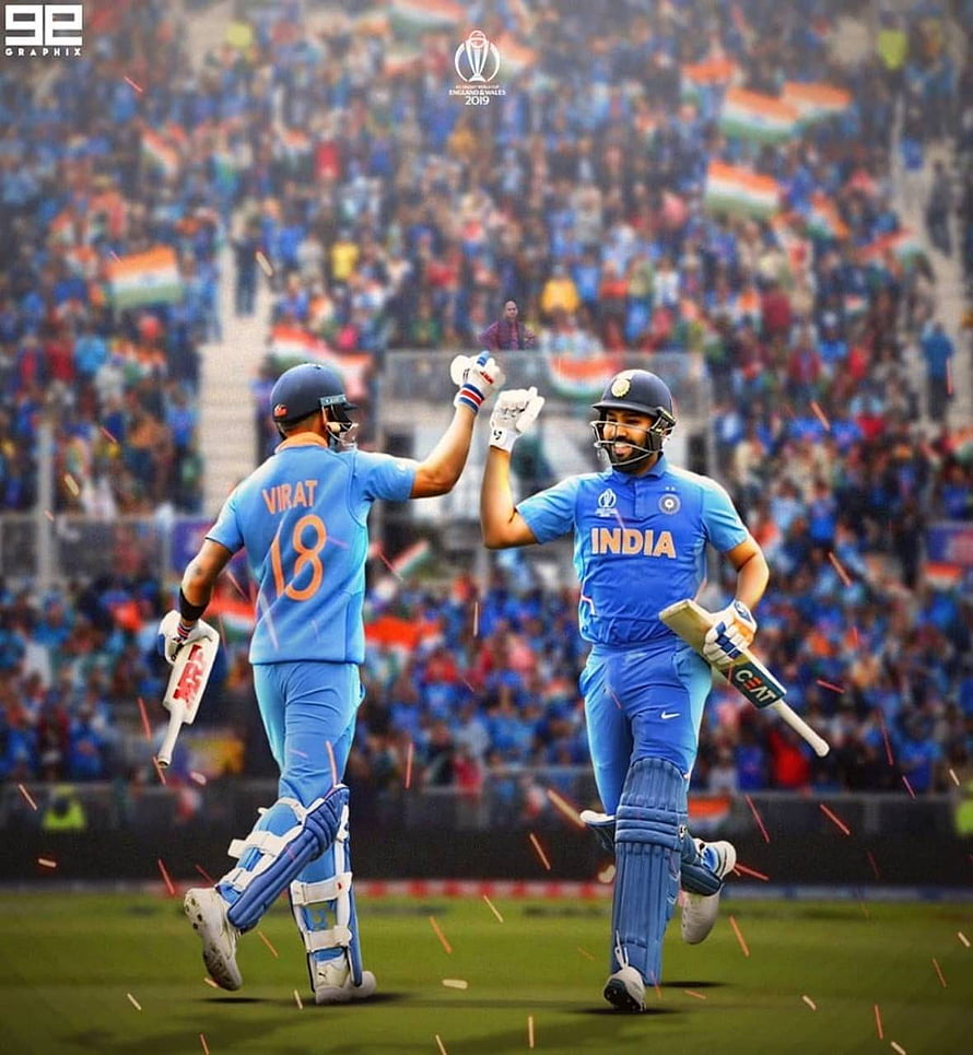 Virat Kohli and Rohit Sharma Celebrating a Partnership in India Cricket Uniforms HD phone wallpaper