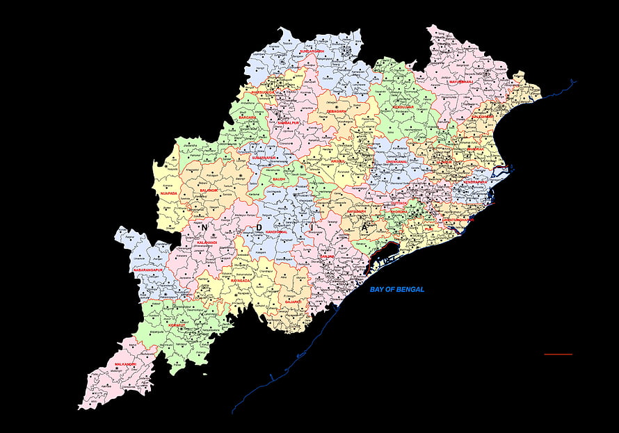Detailed Administrative District Map of Odisha State India with Bay of Bengal Coastline HD wallpaper