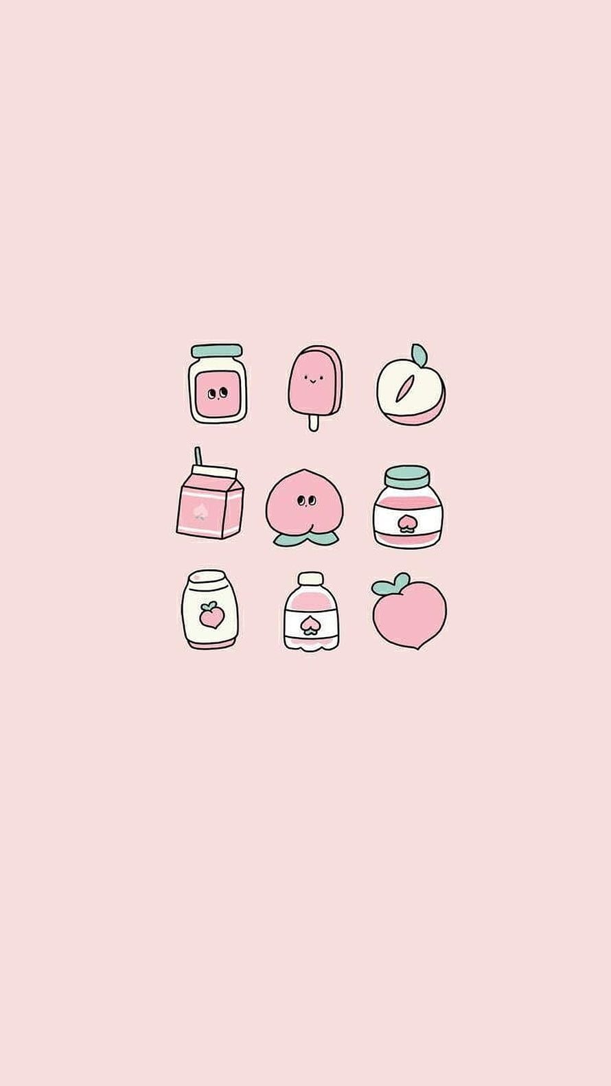Cute Kawaii Peach Food Icons on Soft Pastel Pink Background HD phone wallpaper