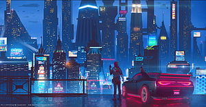 Cyberpunk Cityscape at Night with Neon Sports Car and Hooded Figure HD wallpaper