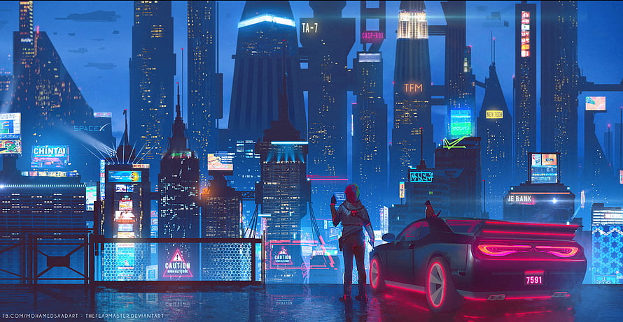 Cyberpunk Cityscape at Night with Neon Sports Car and Hooded Figure HD wallpaper