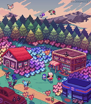 Kiana Mosser Pixel Art: Cozy Pokémon Town with Flower Fields and Forest HD phone wallpaper