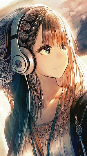 Anime Girl Wearing Headphones and Ornate Headscarf in Warm Light HD phone wallpaper