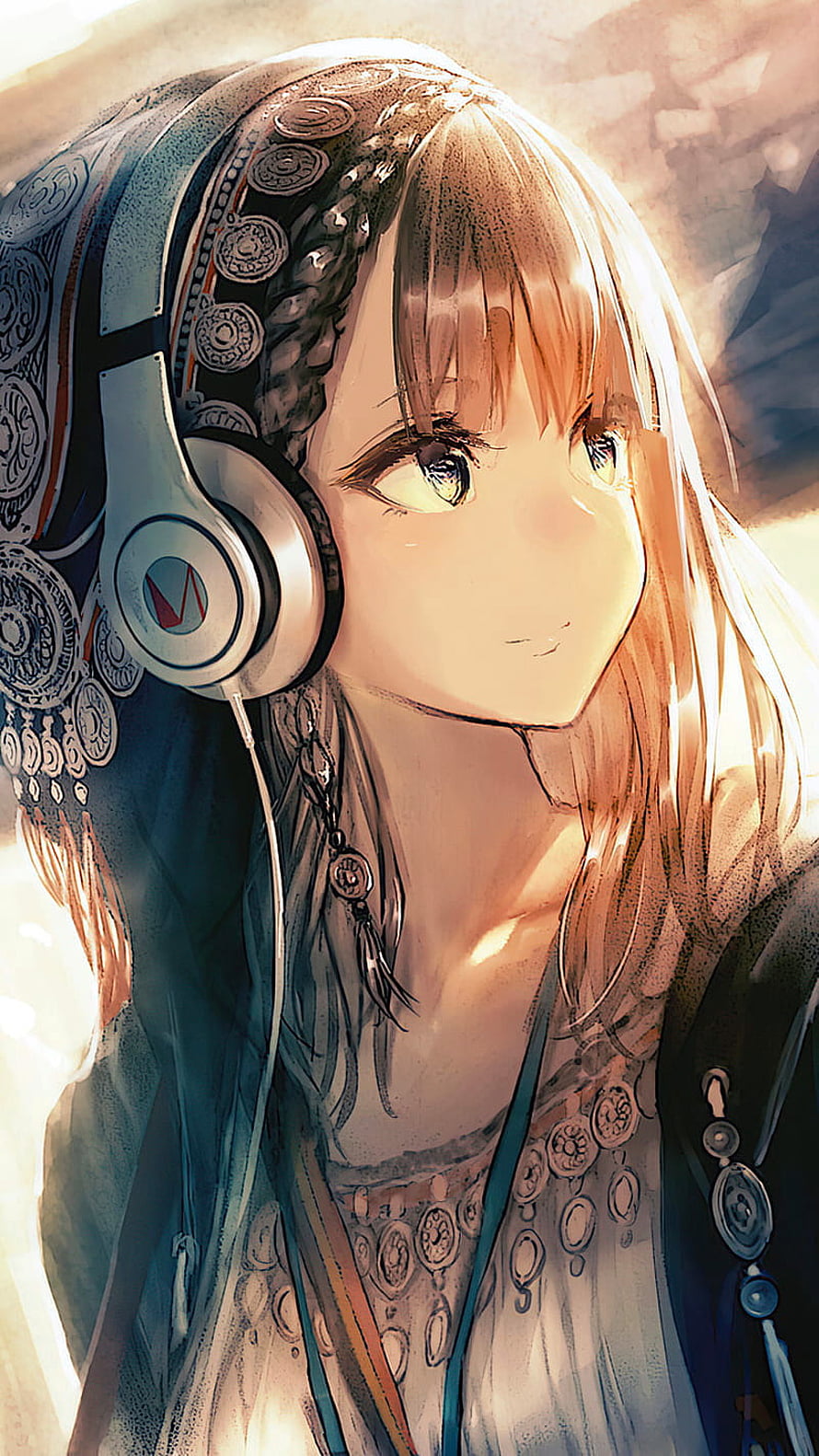 Anime Girl Wearing Headphones and Ornate Headscarf in Warm Light HD phone wallpaper