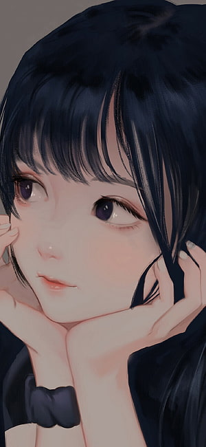 Anime Girl Portrait with Dark Hair and Purple Eyes Resting Chin on Hands HD phone wallpaper