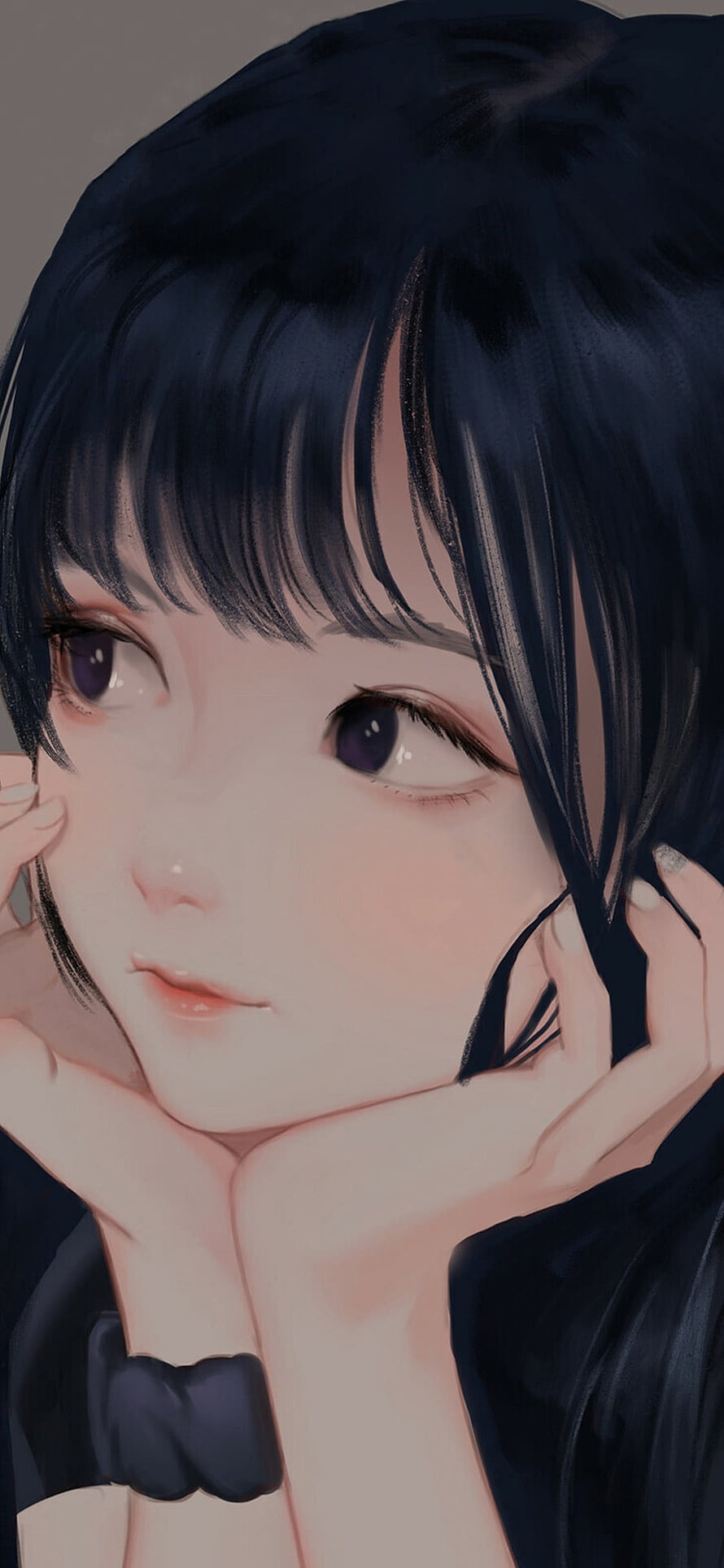 Anime Girl Portrait with Dark Hair and Purple Eyes Resting Chin on Hands HD phone wallpaper