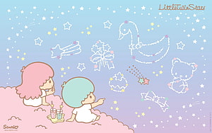 Little Twin Stars Kiki and Lala Stargazing on a Pink Cloud with Constellations HD wallpaper