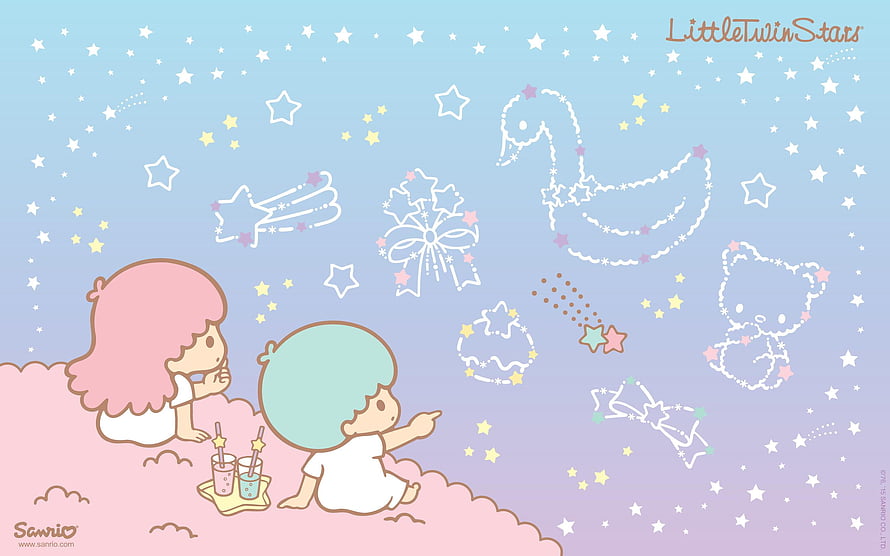 Little Twin Stars Kiki and Lala Stargazing on a Pink Cloud with Constellations HD wallpaper