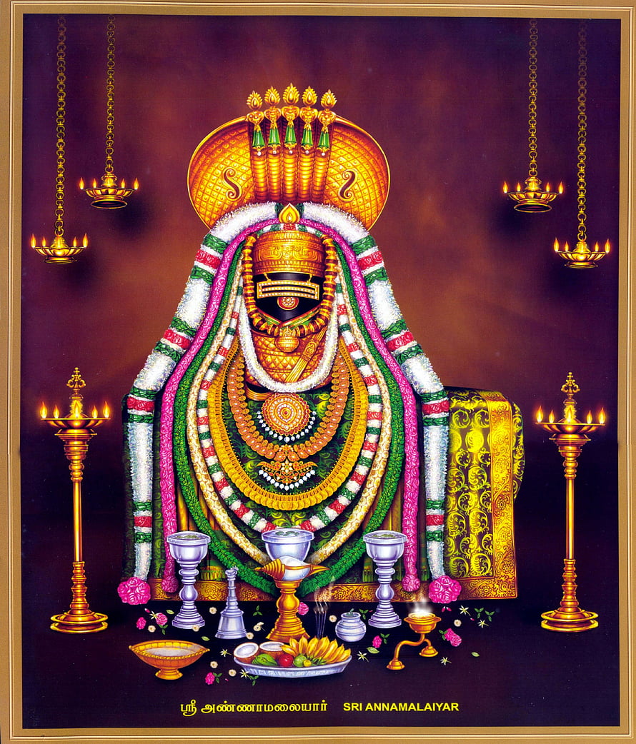Sri Annamalaiyar deity adorned with garlands and oil lamps in traditional temple setting HD phone wallpaper