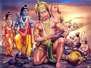 Lord Hanuman with Rama and Lakshmana in Traditional Indian Mythological Painting, Lord Hanuman HD wallpaper