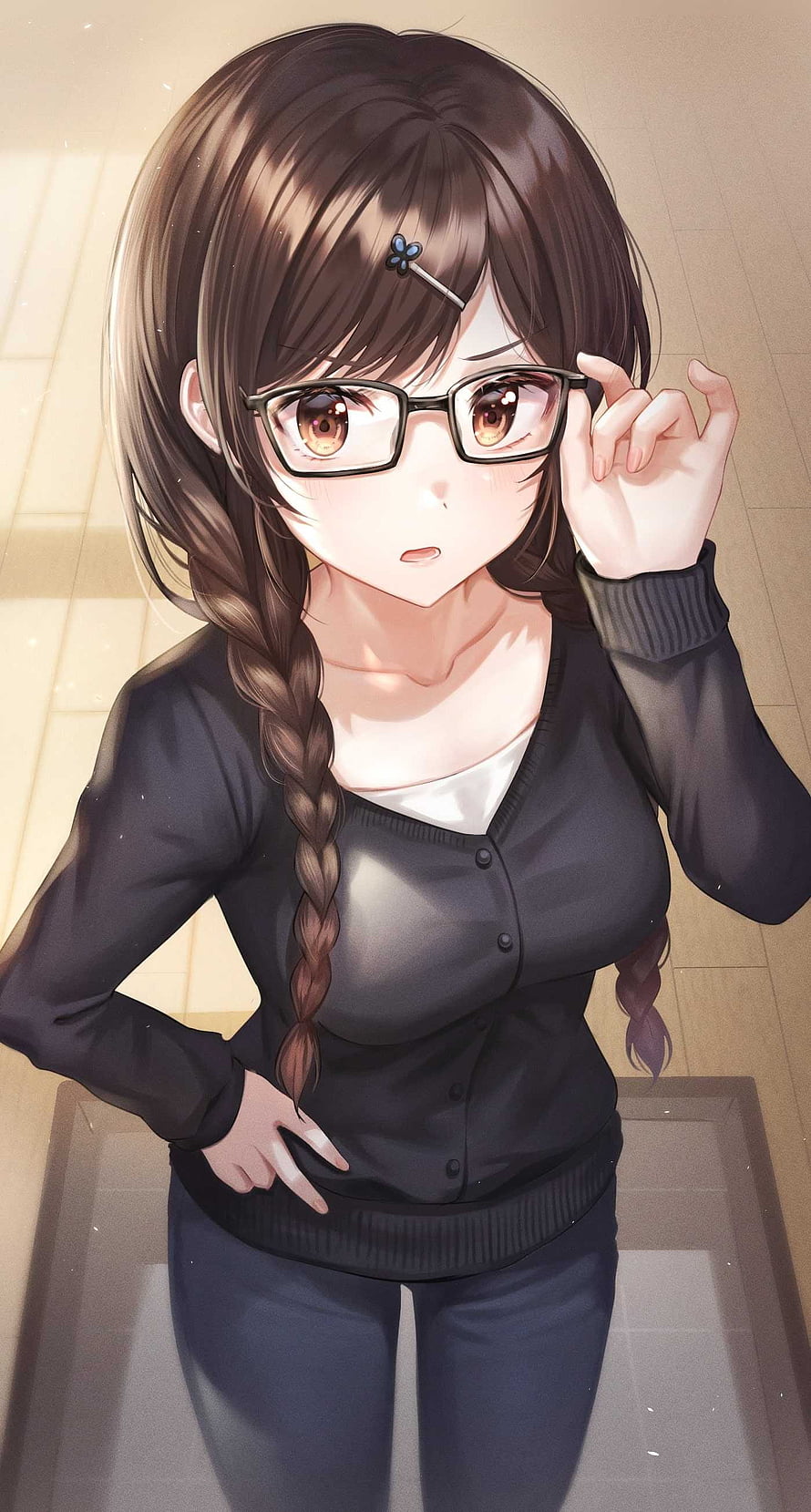 Chizuru Mizuhara Anime Girl With Glasses And Braided Hair In Black Cardigan HD phone wallpaper