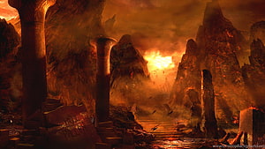 Fiery Infernal Ruins with Ancient Pillars and Glowing Lava Path HD wallpaper