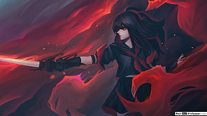 Dark Anime Girl Wielding Katana in Crimson Energy Storm HD wallpaper