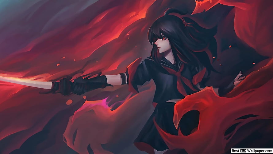Dark Anime Girl Wielding Katana in Crimson Energy Storm HD wallpaper
