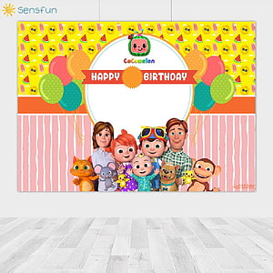 Cocomelon Happy Birthday Party Backdrop with Watermelon Pattern and Character Group HD phone wallpaper