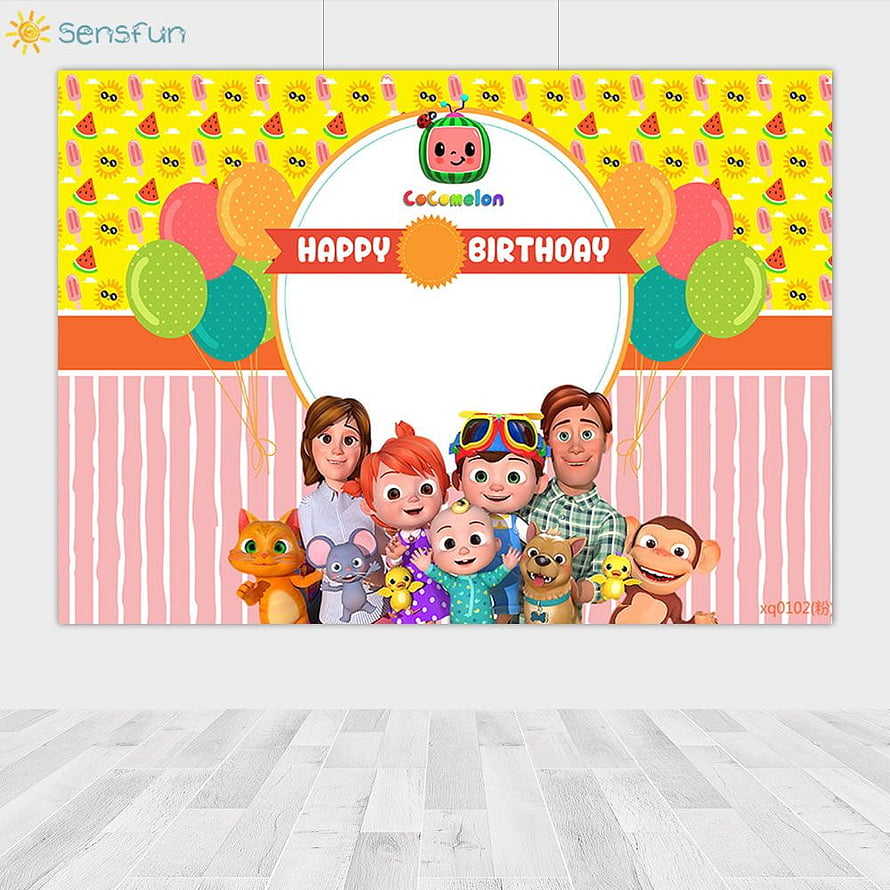 Cocomelon Happy Birthday Party Backdrop with Watermelon Pattern and Character Group HD phone wallpaper