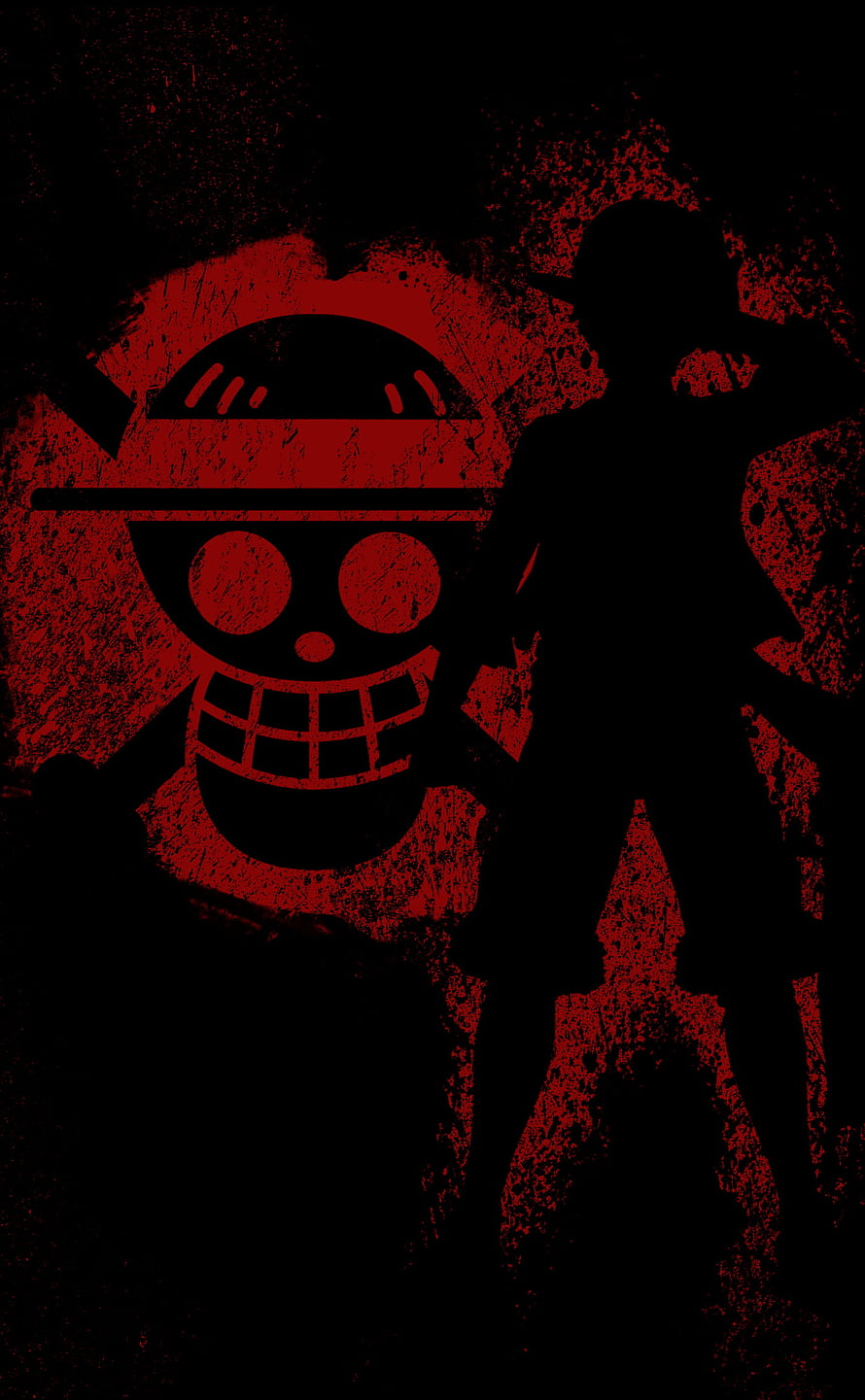 One Piece Luffy Silhouette with Grunge Skull Emblem on Black Background HD phone wallpaper