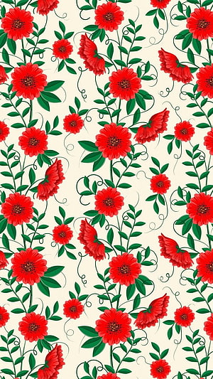 Vintage Red Floral Pattern with Green Leaves and Vines on Cream Background HD phone wallpaper