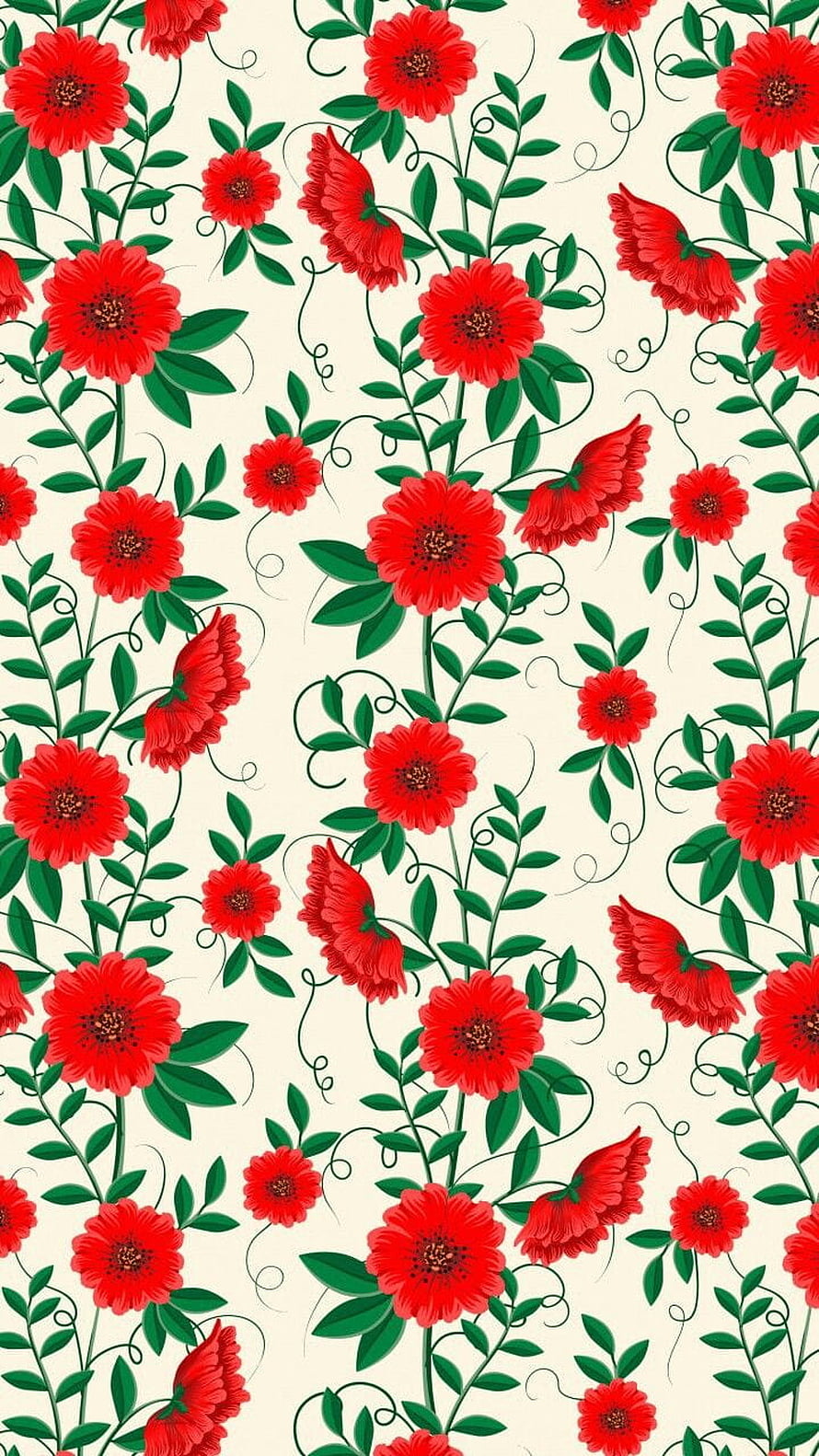 Vintage Red Floral Pattern with Green Leaves and Vines on Cream Background HD phone wallpaper