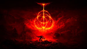 Elden Ring Dark Fantasy Scene with Glowing Red Sigil and Lone Warrior in Ashen Landscape HD wallpaper